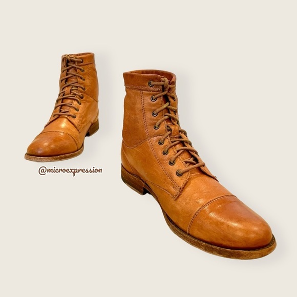 Frye Erin Lug Work Lace Up Combat Cognac Brown Leather Winter Fall Ankle Boot - Picture 15 of 16